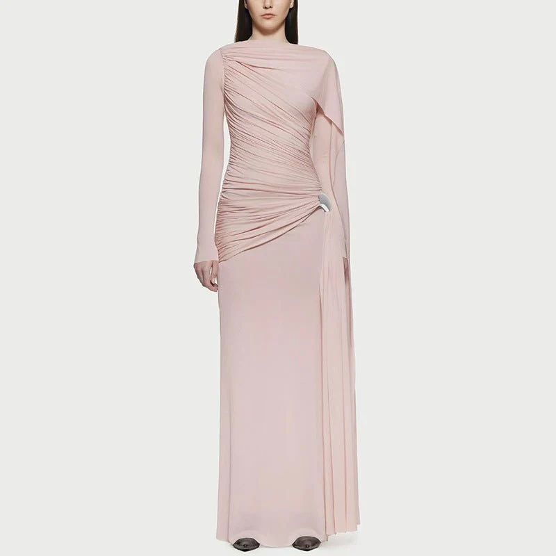 Diagonal Ruched Cape Gown | Asymmetric Draped Long Sleeve Maxi Dress(MS222) - Image 3