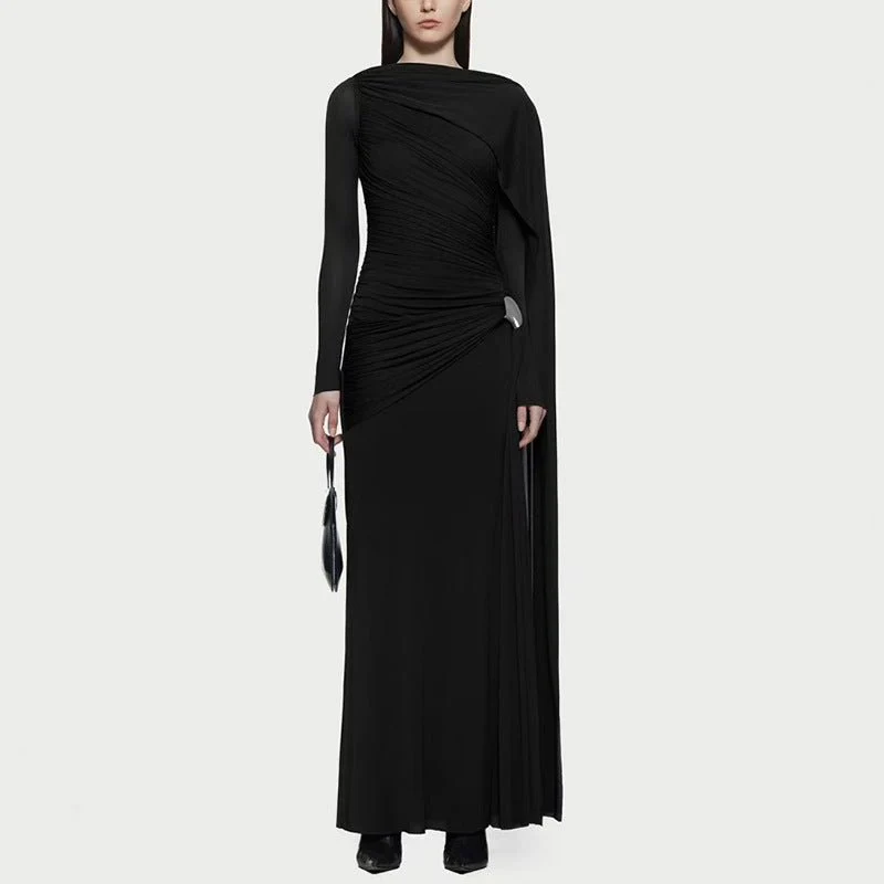 Diagonal Ruched Cape Gown | Asymmetric Draped Long Sleeve Maxi Dress(MS222) - Image 4