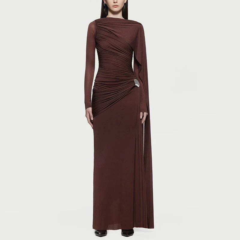 Diagonal Ruched Cape Gown | Asymmetric Draped Long Sleeve Maxi Dress(MS222) - Image 5