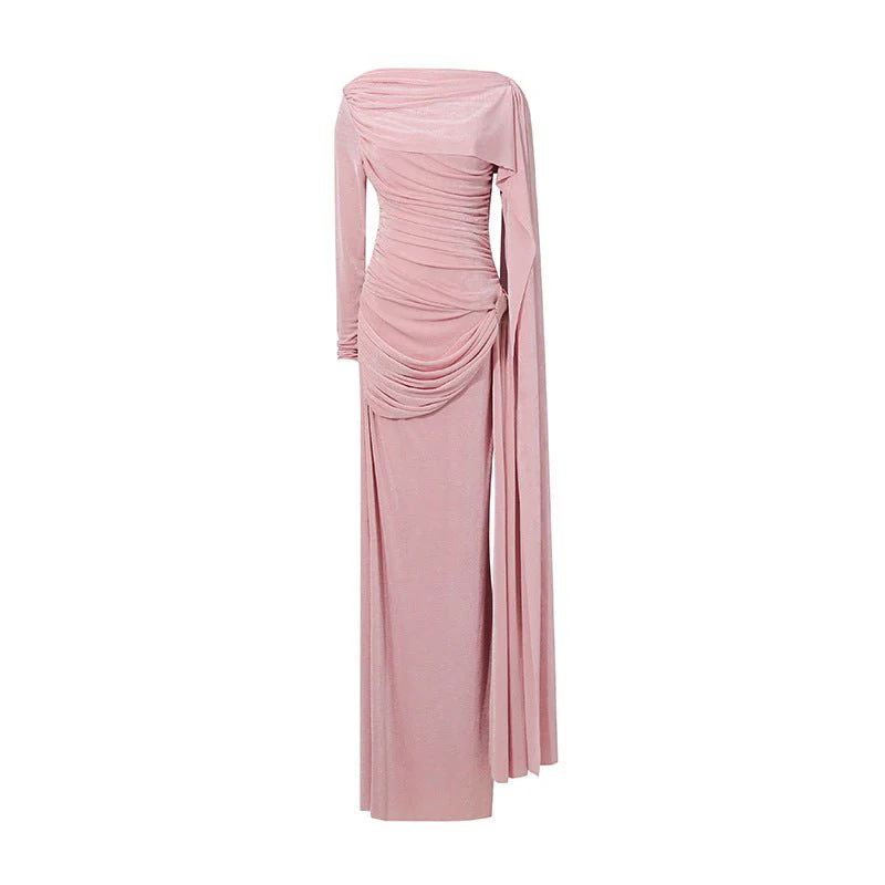 Diagonal Ruched Cape Gown | Asymmetric Draped Long Sleeve Maxi Dress(MS222) - Image 6