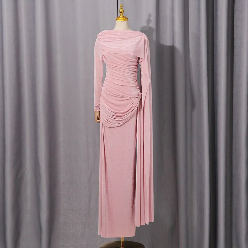 Diagonal Ruched Cape Gown | Asymmetric Draped Long Sleeve Maxi Dress(MS222) - Image 7