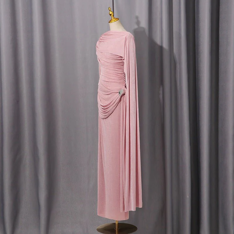 Diagonal Ruched Cape Gown | Asymmetric Draped Long Sleeve Maxi Dress(MS222) - Image 8