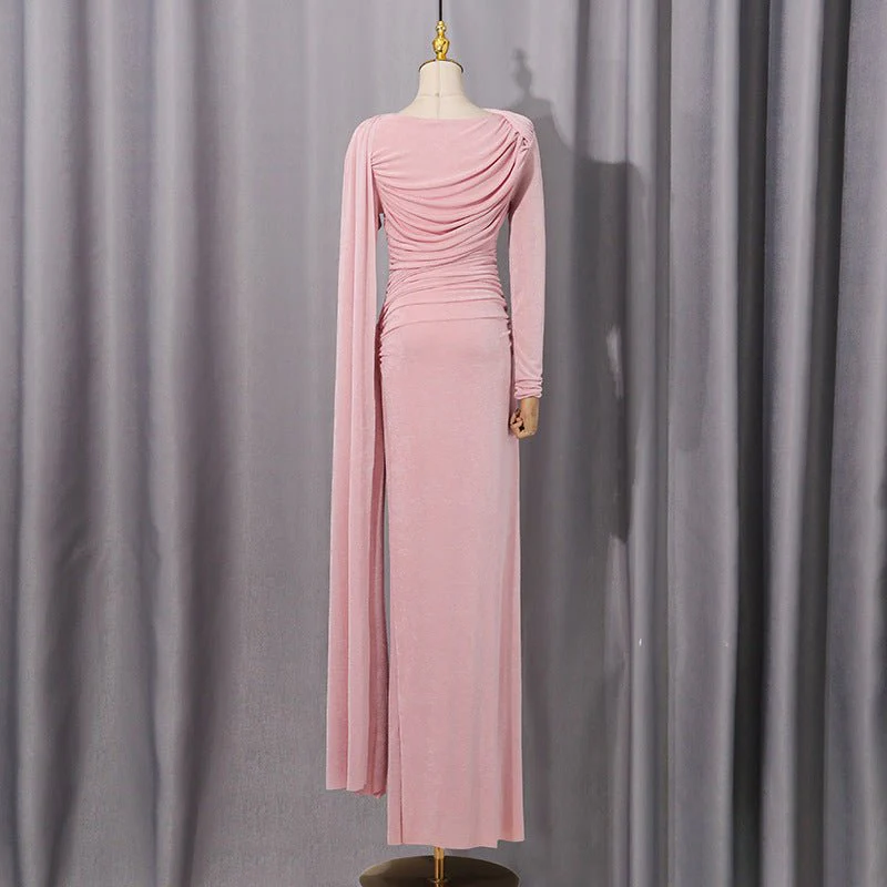 Diagonal Ruched Cape Gown | Asymmetric Draped Long Sleeve Maxi Dress(MS222) - Image 9