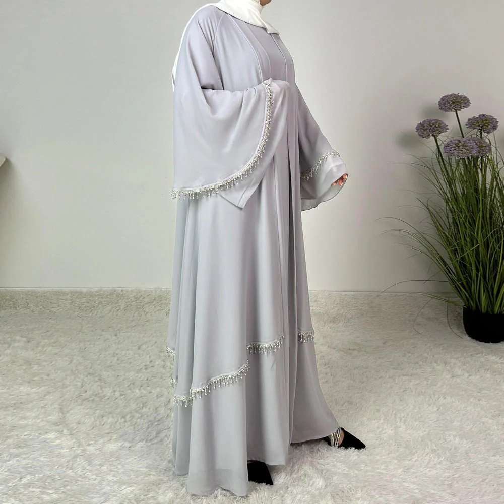 Diamond Beaded Fringe Flare Sleeve Chiffon Maxi Abaya Set (MOA148) - Image 10