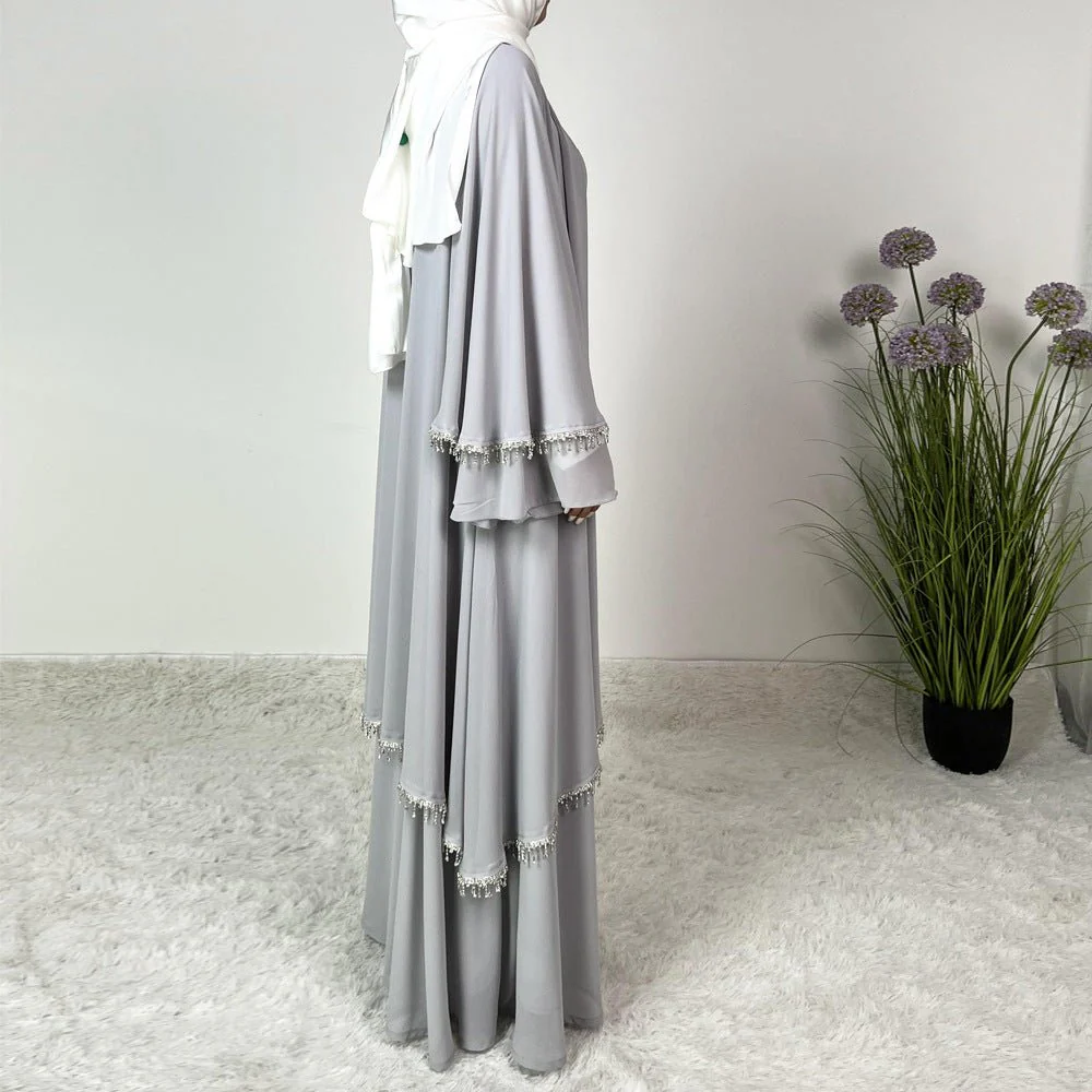 Diamond Beaded Fringe Flare Sleeve Chiffon Maxi Abaya Set (MOA148) - Image 11