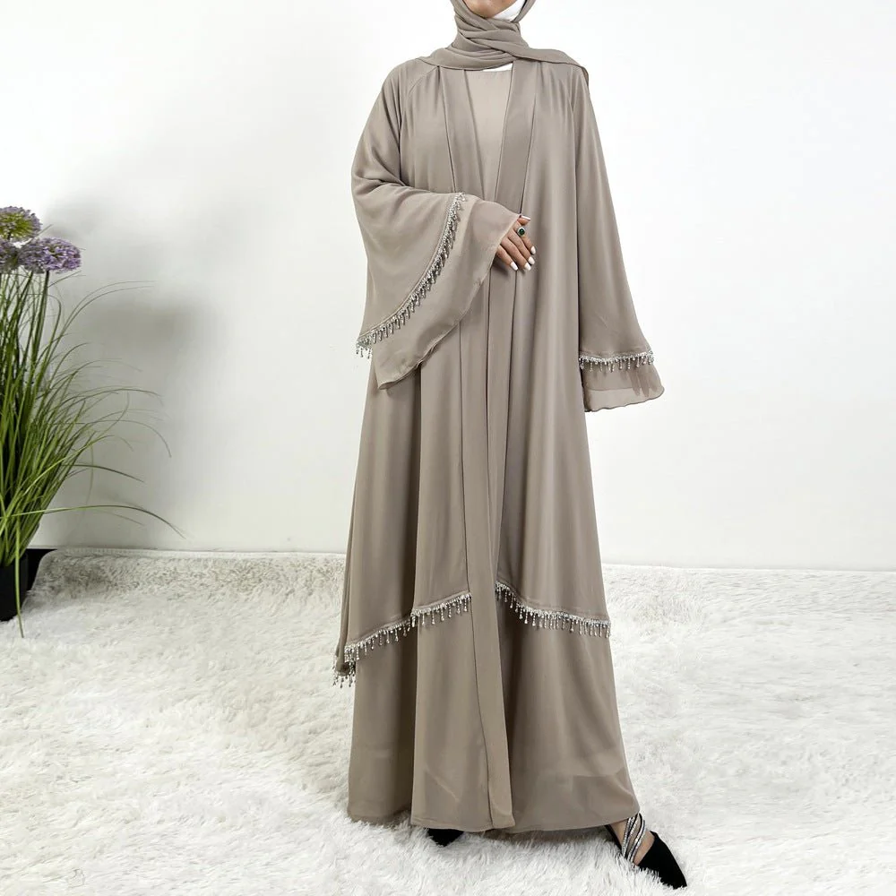 Diamond Beaded Fringe Flare Sleeve Chiffon Maxi Abaya Set (MOA148) - Image 12