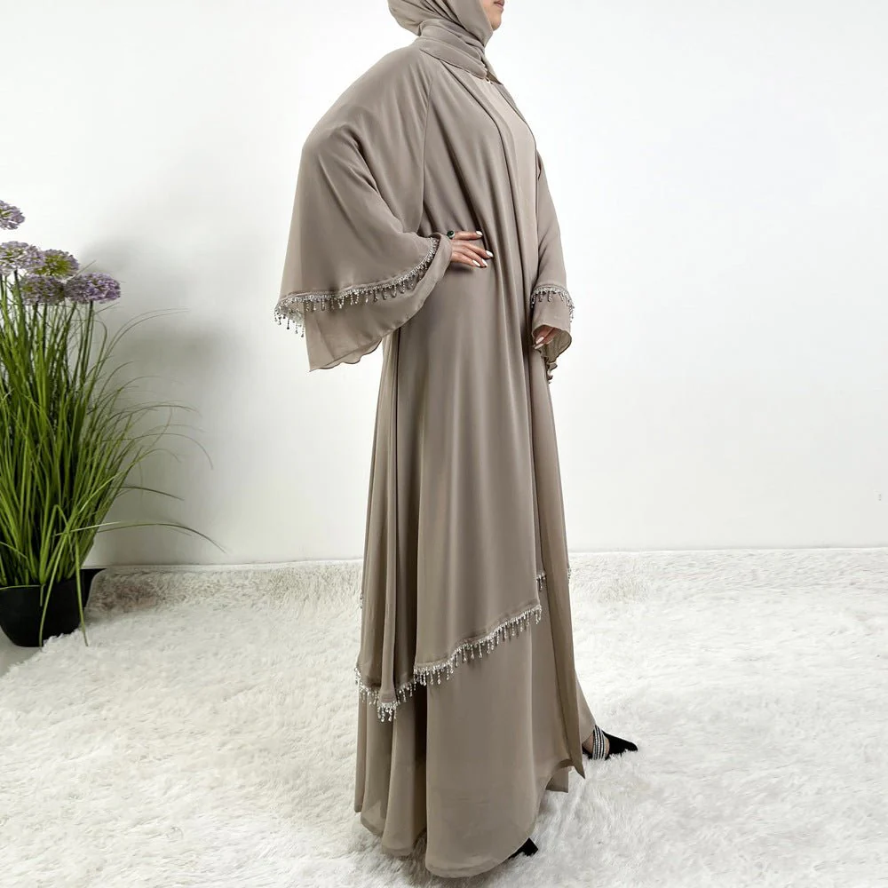 Diamond Beaded Fringe Flare Sleeve Chiffon Maxi Abaya Set (MOA148) - Image 13