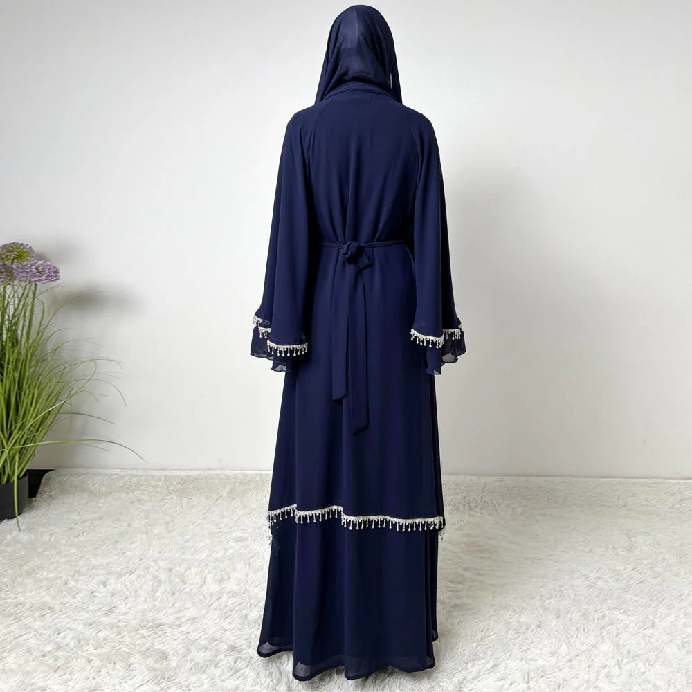 Diamond Beaded Fringe Flare Sleeve Chiffon Maxi Abaya Set (MOA148) - Image 3