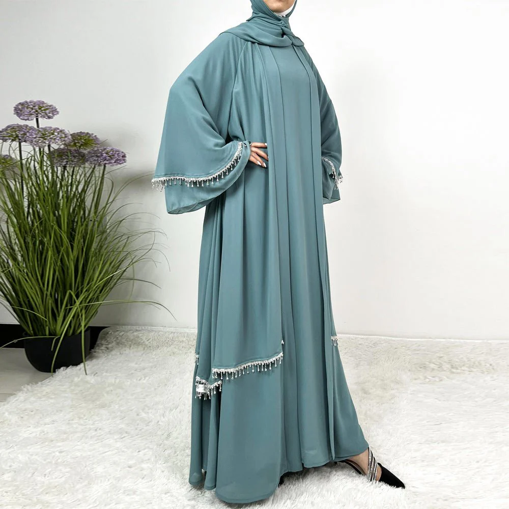 Diamond Beaded Fringe Flare Sleeve Chiffon Maxi Abaya Set (MOA148) - Image 4
