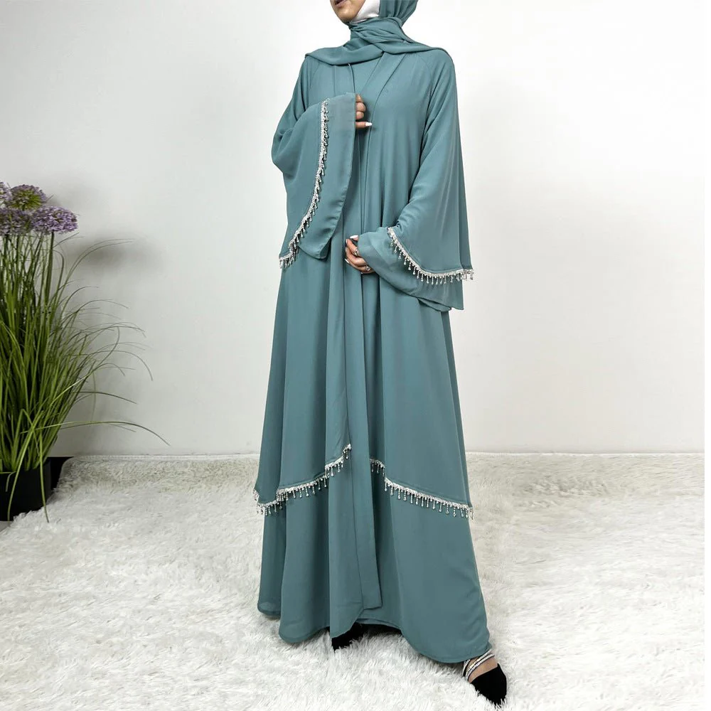 Diamond Beaded Fringe Flare Sleeve Chiffon Maxi Abaya Set (MOA148) - Image 5