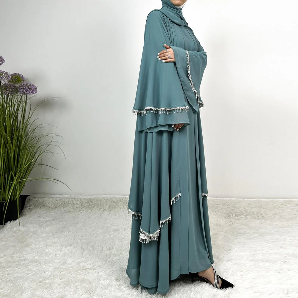 Diamond Beaded Fringe Flare Sleeve Chiffon Maxi Abaya Set (MOA148) - Image 6