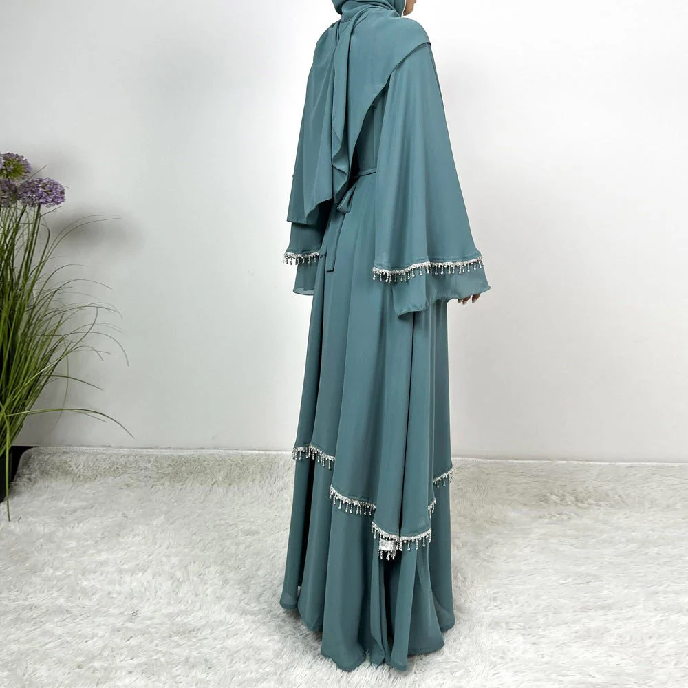 Diamond Beaded Fringe Flare Sleeve Chiffon Maxi Abaya Set (MOA148) - Image 7