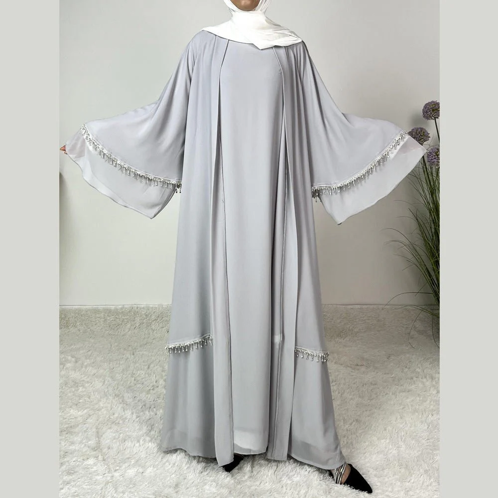 Diamond Beaded Fringe Flare Sleeve Chiffon Maxi Abaya Set (MOA148) - Image 9