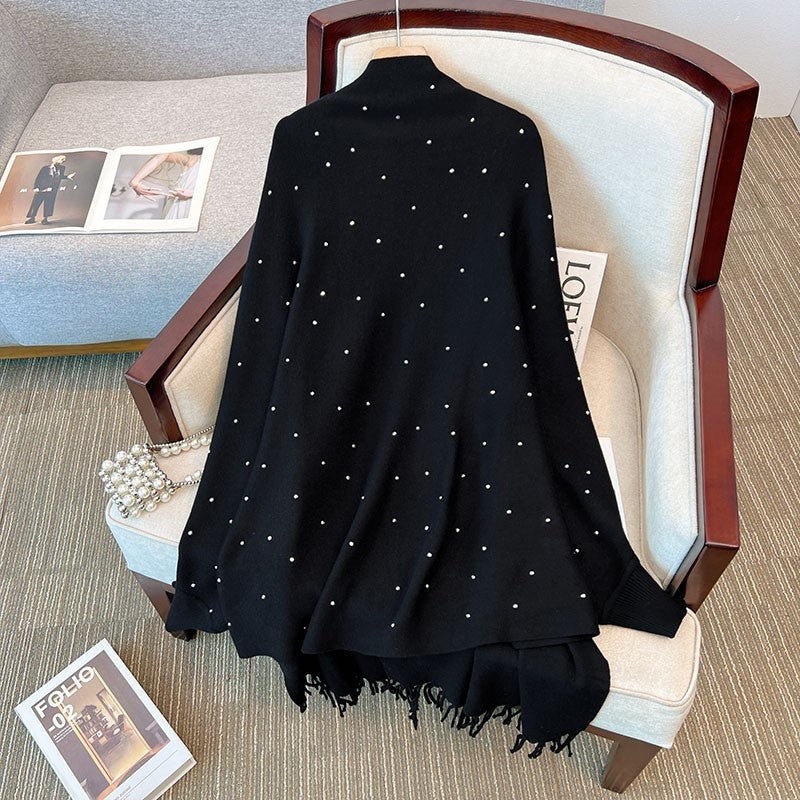 Diamond Embellished Cape Cardigan | Fringe Trim Knit Shawl Sweater(MS211) - Image 3