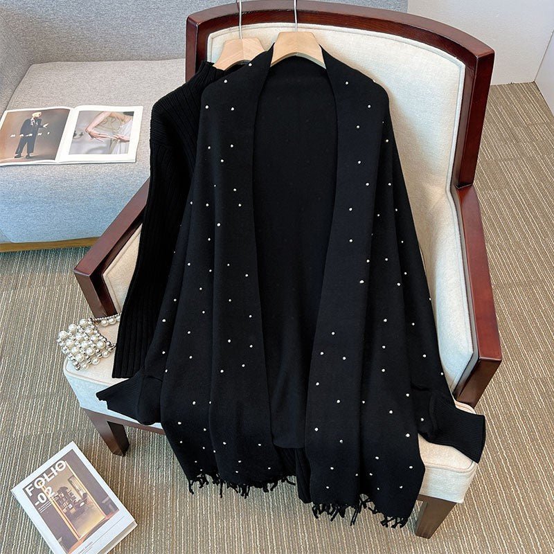 Diamond Embellished Cape Cardigan | Fringe Trim Knit Shawl Sweater(MS211) - Image 4
