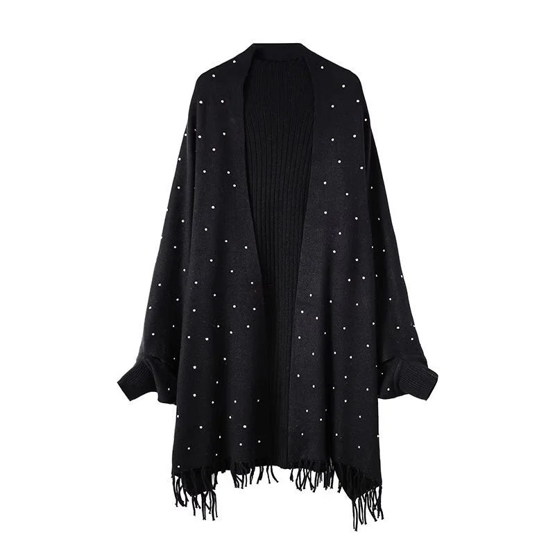 Diamond Embellished Cape Cardigan | Fringe Trim Knit Shawl Sweater(MS211) - Image 5