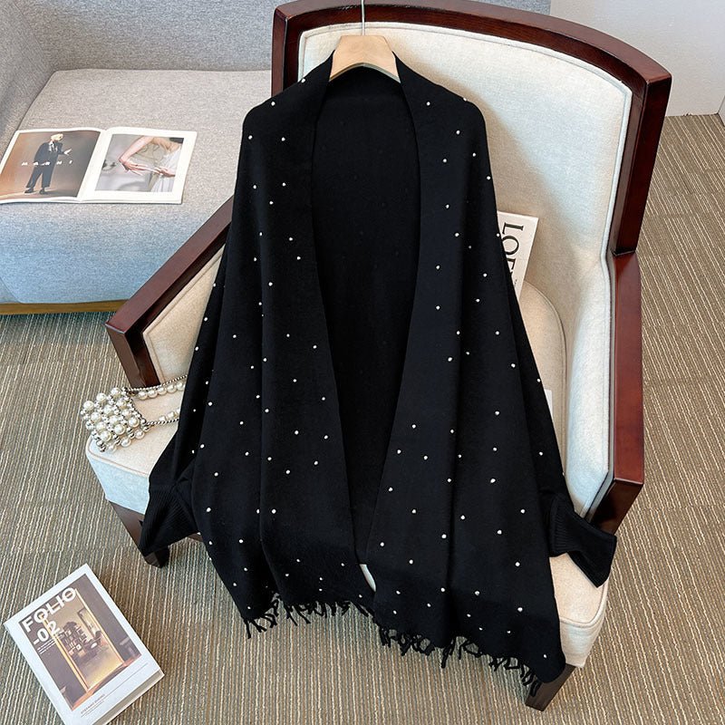 Diamond Embellished Cape Cardigan | Fringe Trim Knit Shawl Sweater(MS211) - Image 6
