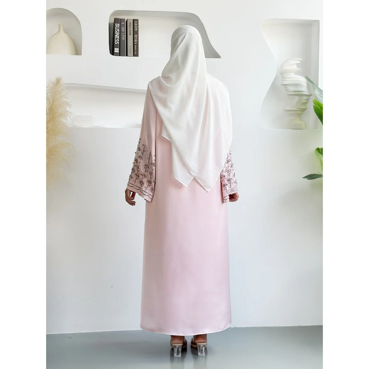 Diamond Glow Abaya Collection | Luxury Modest Fashion White & Blush Pink Embroidered Robes with Floral Sleeves (MOA205) - Image 10