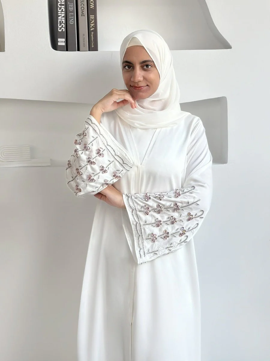 Diamond Glow Abaya Collection | Luxury Modest Fashion White & Blush Pink Embroidered Robes with Floral Sleeves (MOA205) - Image 12
