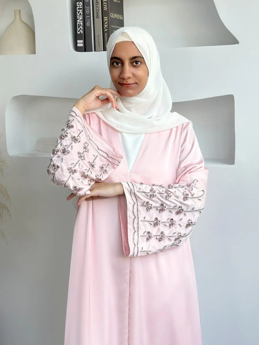 Diamond Glow Abaya Collection | Luxury Modest Fashion White & Blush Pink Embroidered Robes with Floral Sleeves (MOA205) - Image 13
