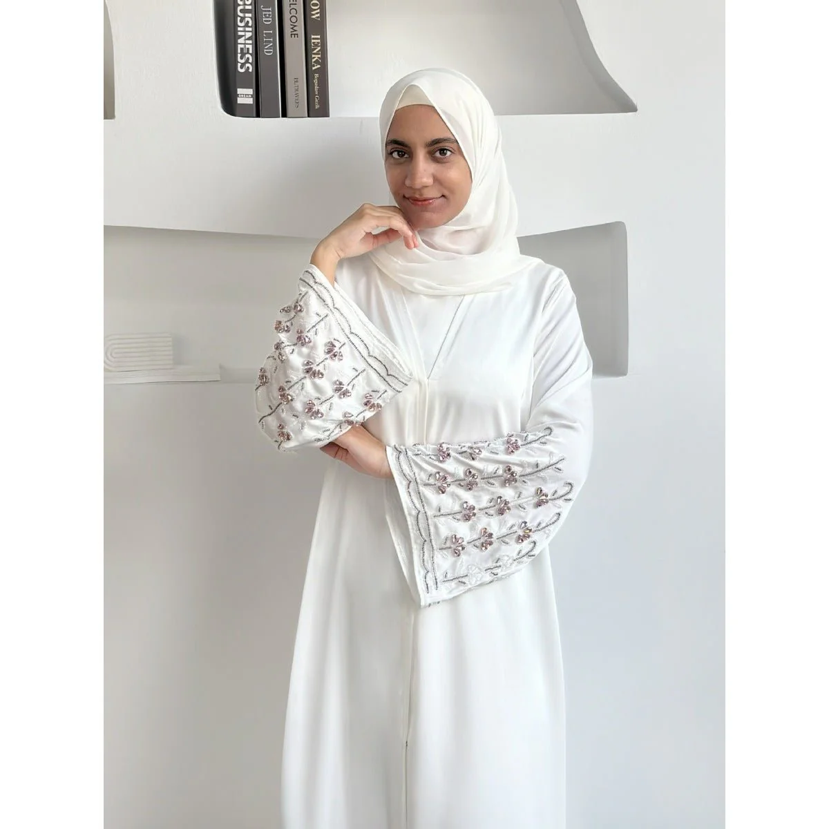Diamond Glow Abaya Collection | Luxury Modest Fashion White & Blush Pink Embroidered Robes with Floral Sleeves (MOA205) - Image 3