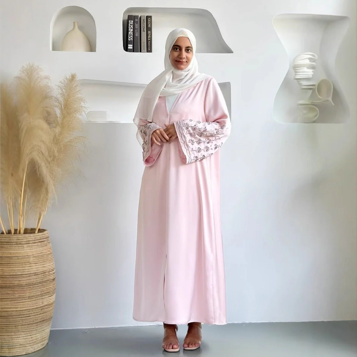 Diamond Glow Abaya Collection | Luxury Modest Fashion White & Blush Pink Embroidered Robes with Floral Sleeves (MOA205) - Image 8