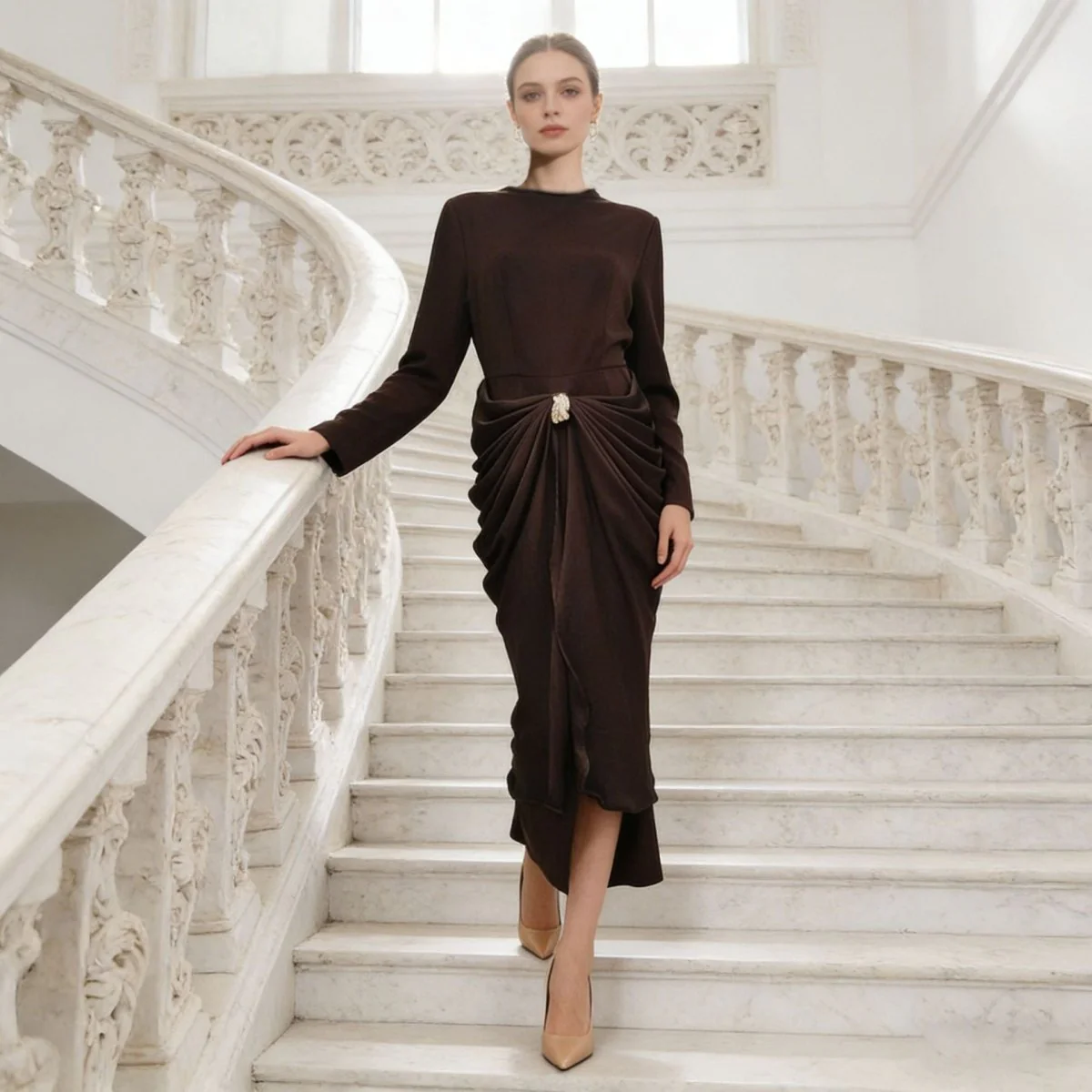 Draped Satin Skirt Dress with Jeweled Brooch(MS321) - Image 10