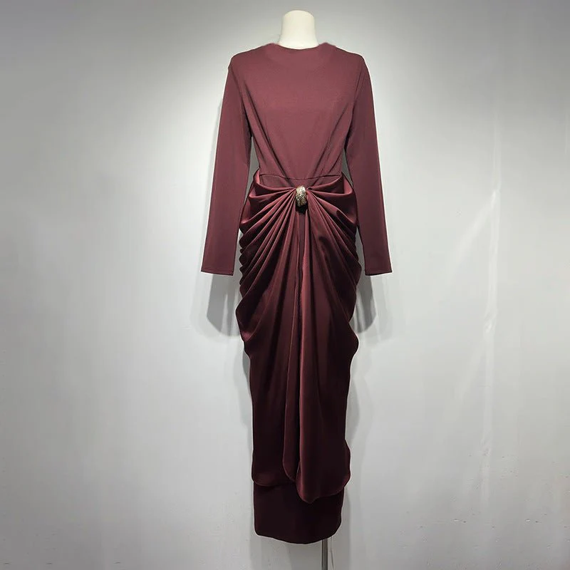 Draped Satin Skirt Dress with Jeweled Brooch(MS321) - Image 4