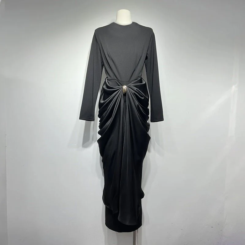Draped Satin Skirt Dress with Jeweled Brooch(MS321) - Image 5