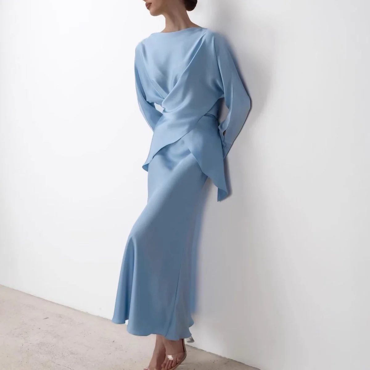 Draped Wrap Top & Maxi Skirt Set(MS333)