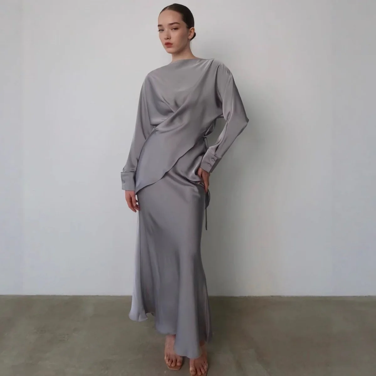 Draped Wrap Top & Maxi Skirt Set(MS333) - Image 4