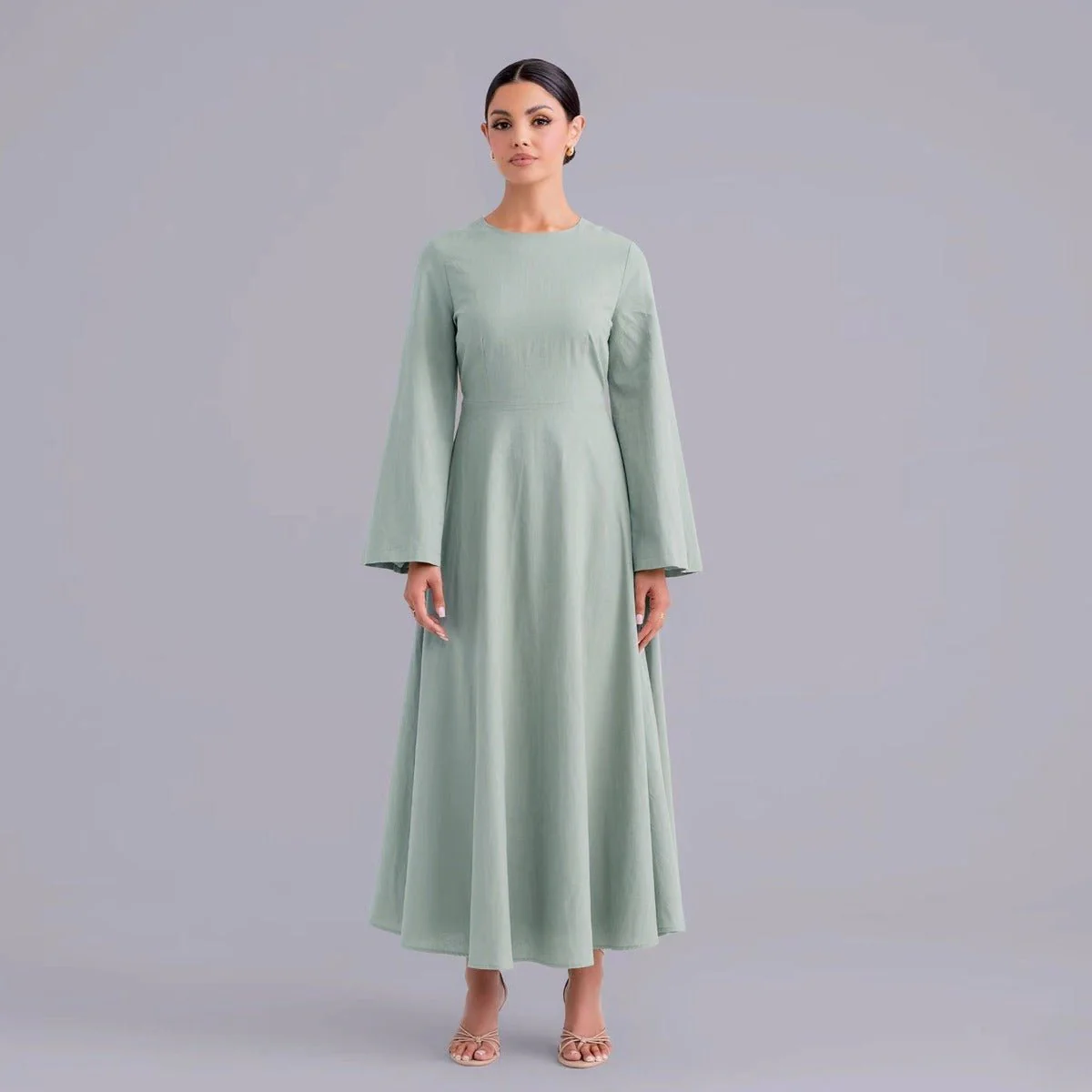 Eco-Friendly Hemp Bamboo Flared Sleeve Dress - Modest Solid Color Maxi(MA286) - Image 2