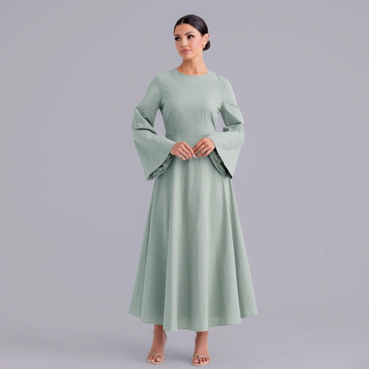 Eco-Friendly Hemp Bamboo Flared Sleeve Dress - Modest Solid Color Maxi(MA286) - Image 3