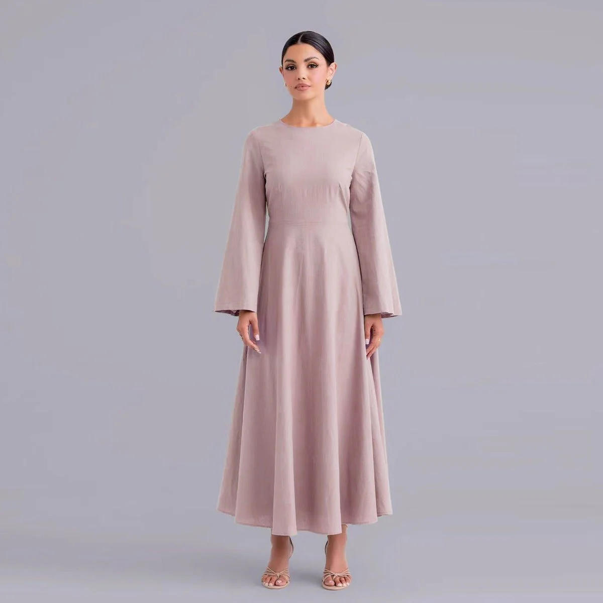Eco-Friendly Hemp Bamboo Flared Sleeve Dress - Modest Solid Color Maxi(MA286) - Image 4