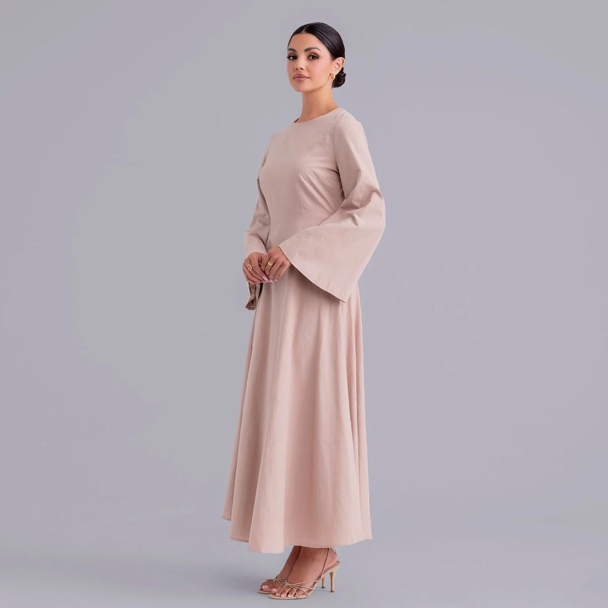 Eco-Friendly Hemp Bamboo Flared Sleeve Dress - Modest Solid Color Maxi(MA286) - Image 5