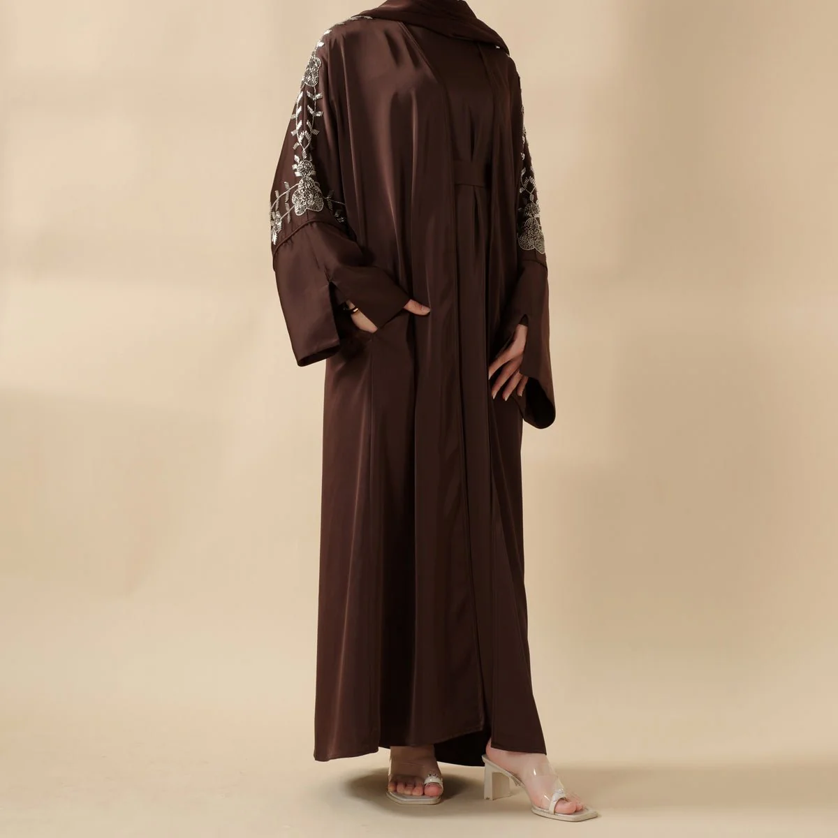 Eid Abaya - Perfect for Eid Celebrations Elegant Dark Brown Three-Piece Bead Embroidery (MOA112) - Image 3