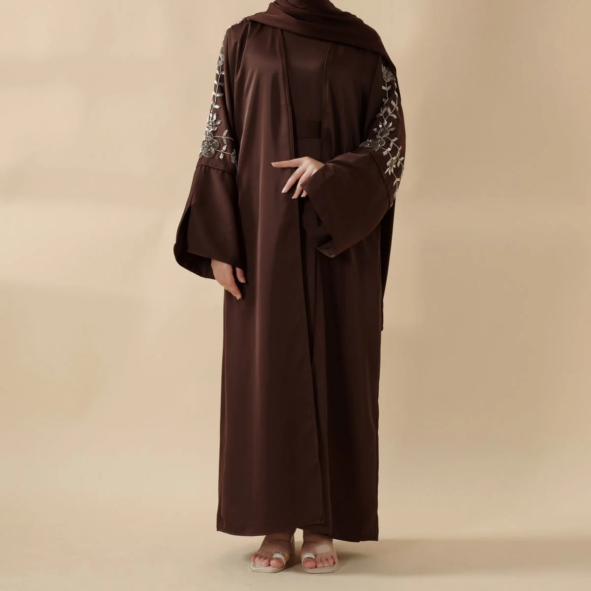 Eid Abaya - Perfect for Eid Celebrations Elegant Dark Brown Three-Piece Bead Embroidery (MOA112) - Image 4