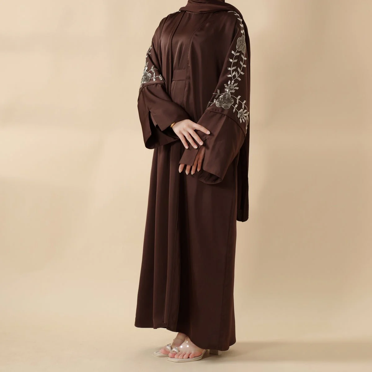 Eid Abaya - Perfect for Eid Celebrations Elegant Dark Brown Three-Piece Bead Embroidery (MOA112) - Image 5
