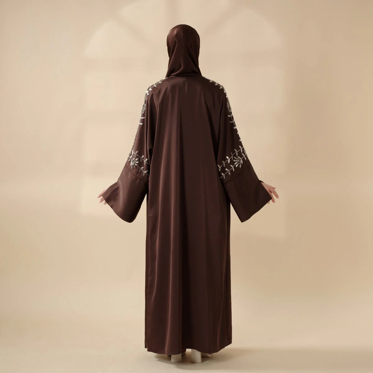 Eid Abaya - Perfect for Eid Celebrations Elegant Dark Brown Three-Piece Bead Embroidery (MOA112) - Image 6