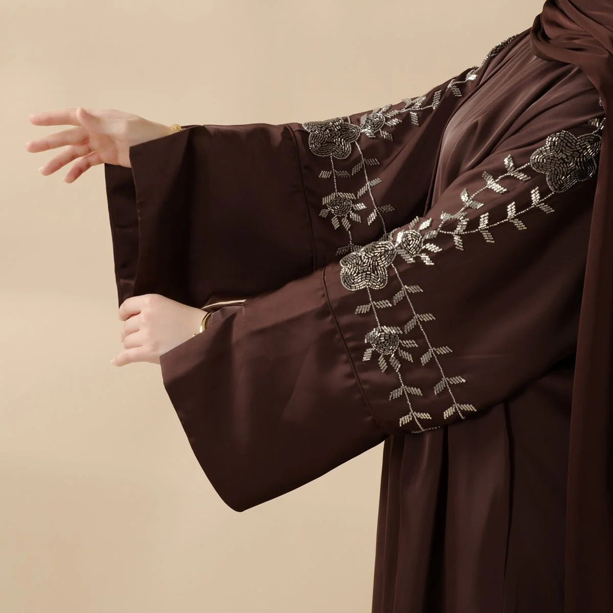 Eid Abaya - Perfect for Eid Celebrations Elegant Dark Brown Three-Piece Bead Embroidery (MOA112) - Image 7
