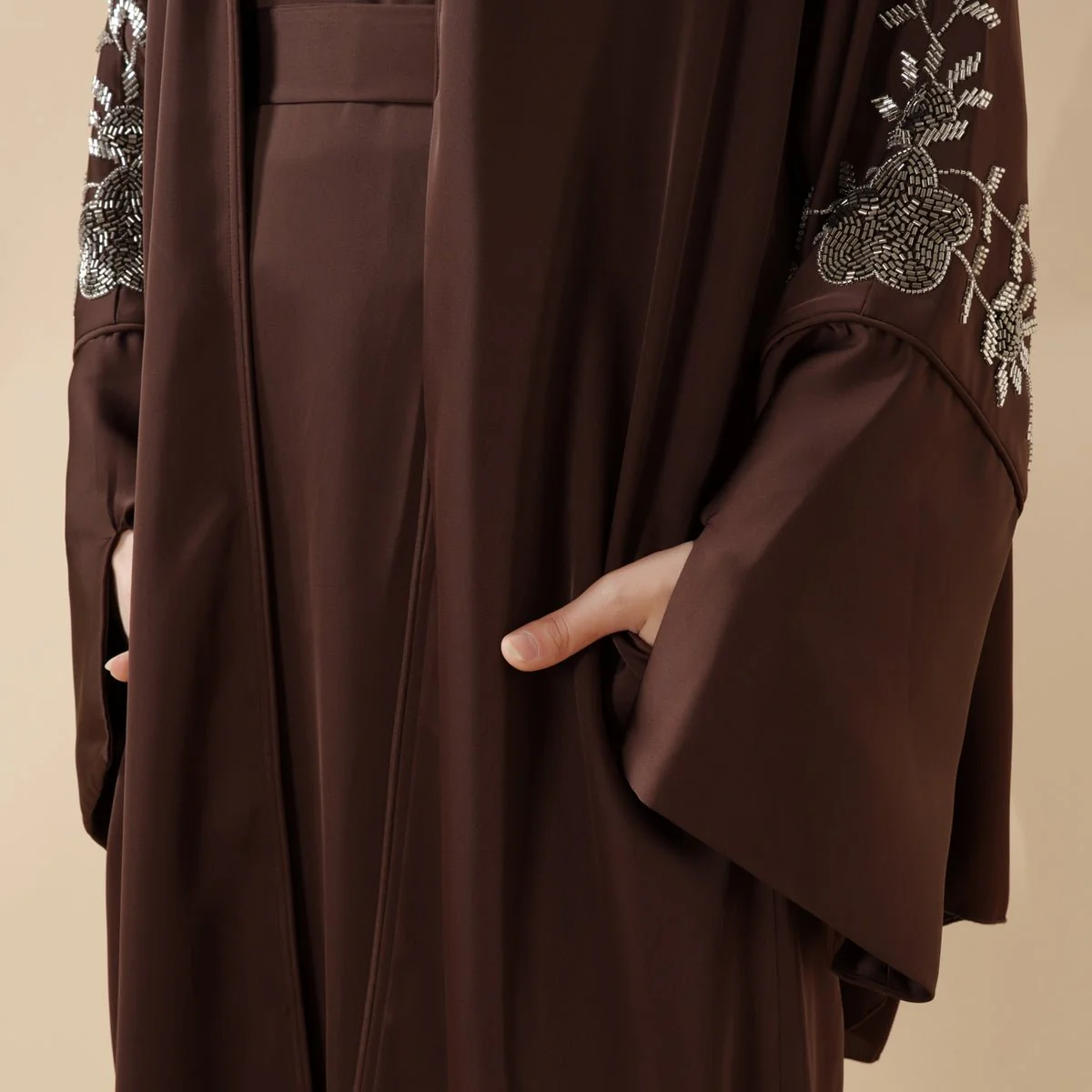 Eid Abaya - Perfect for Eid Celebrations Elegant Dark Brown Three-Piece Bead Embroidery (MOA112) - Image 9