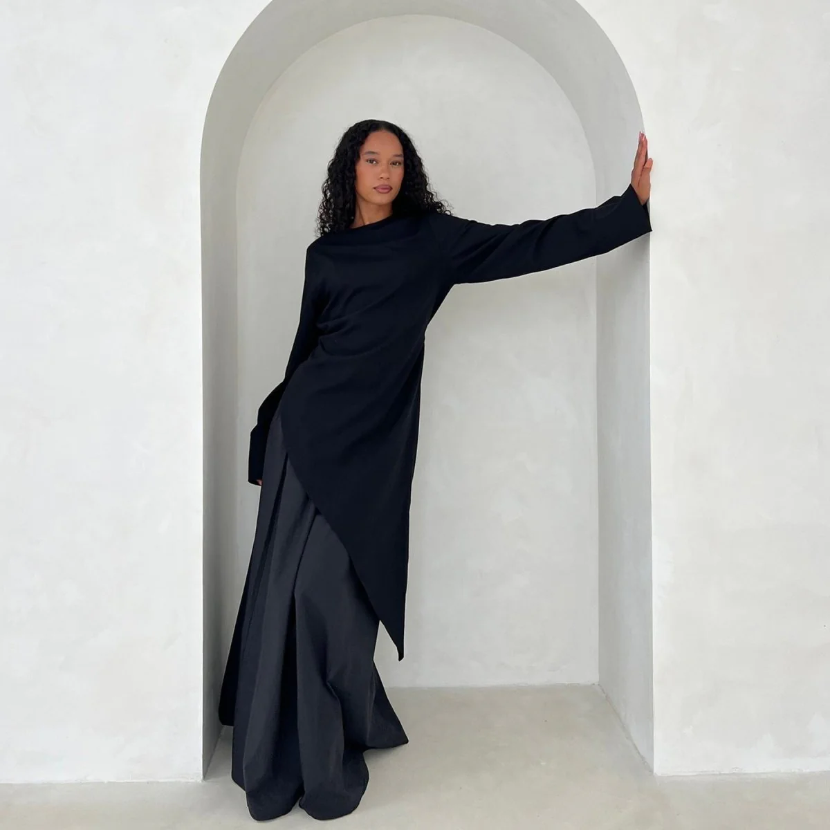 Elegant Asymmetric Top & Maxi Skirt Set | Cotton Linen Two-Piece Outfit (MS184) - Image 14
