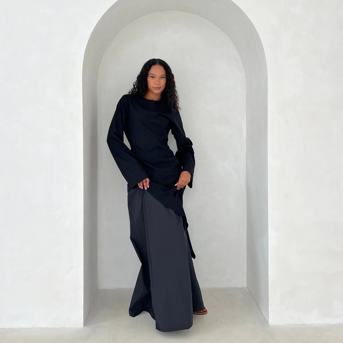 Elegant Asymmetric Top & Maxi Skirt Set | Cotton Linen Two-Piece Outfit (MS184) - Image 5
