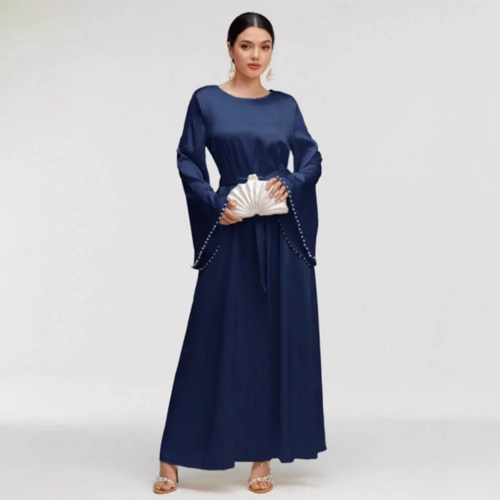 Elegant Beaded Pear Long Sleeve Maxi Dress Abaya with Flared Cuffs & Waist Tie (MA200) - Image 2