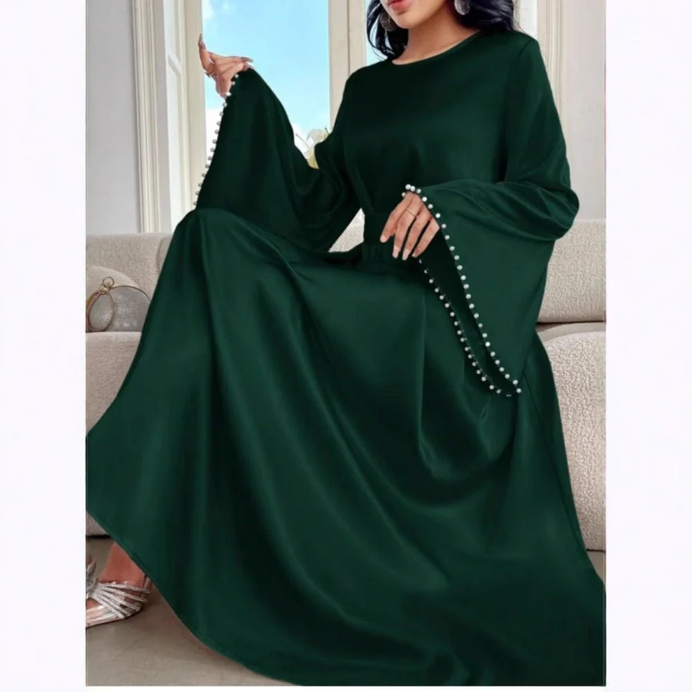 Elegant Beaded Pear Long Sleeve Maxi Dress Abaya with Flared Cuffs & Waist Tie (MA200) - Image 3