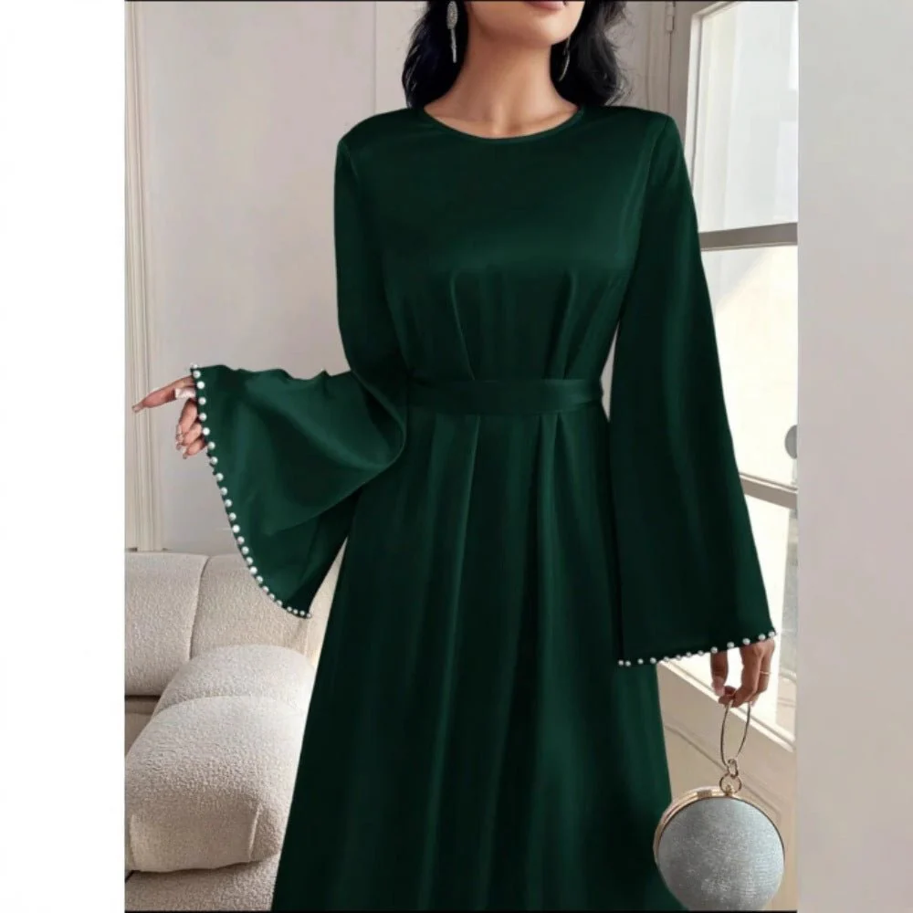 Elegant Beaded Pear Long Sleeve Maxi Dress Abaya with Flared Cuffs & Waist Tie (MA200) - Image 4