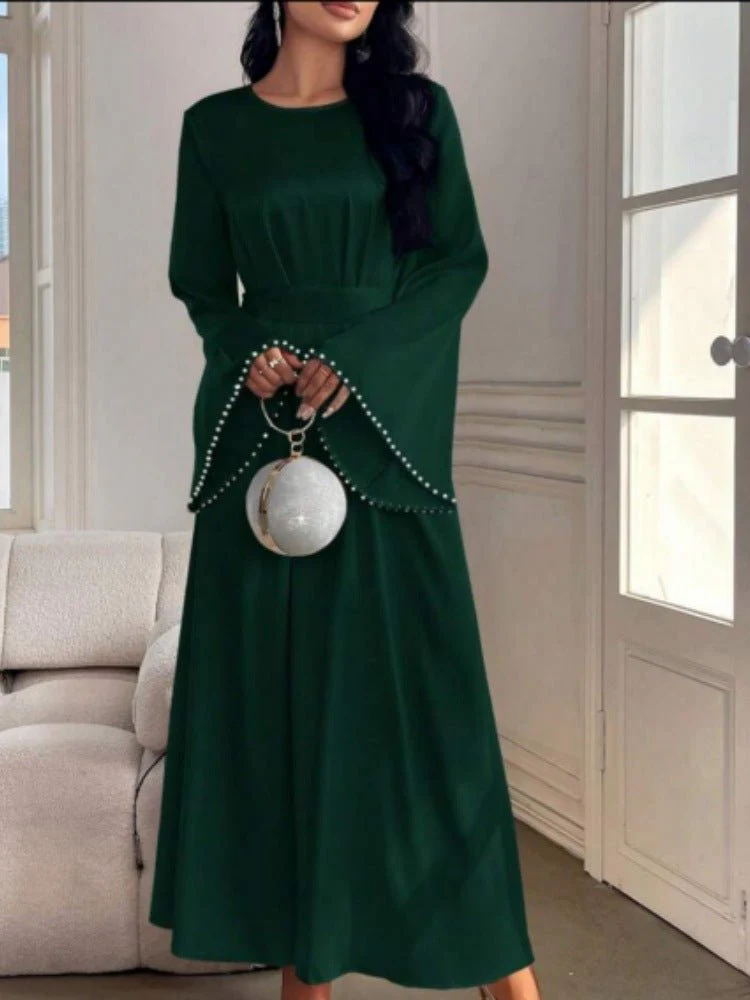 Elegant Beaded Pear Long Sleeve Maxi Dress Abaya with Flared Cuffs & Waist Tie (MA200) - Image 5