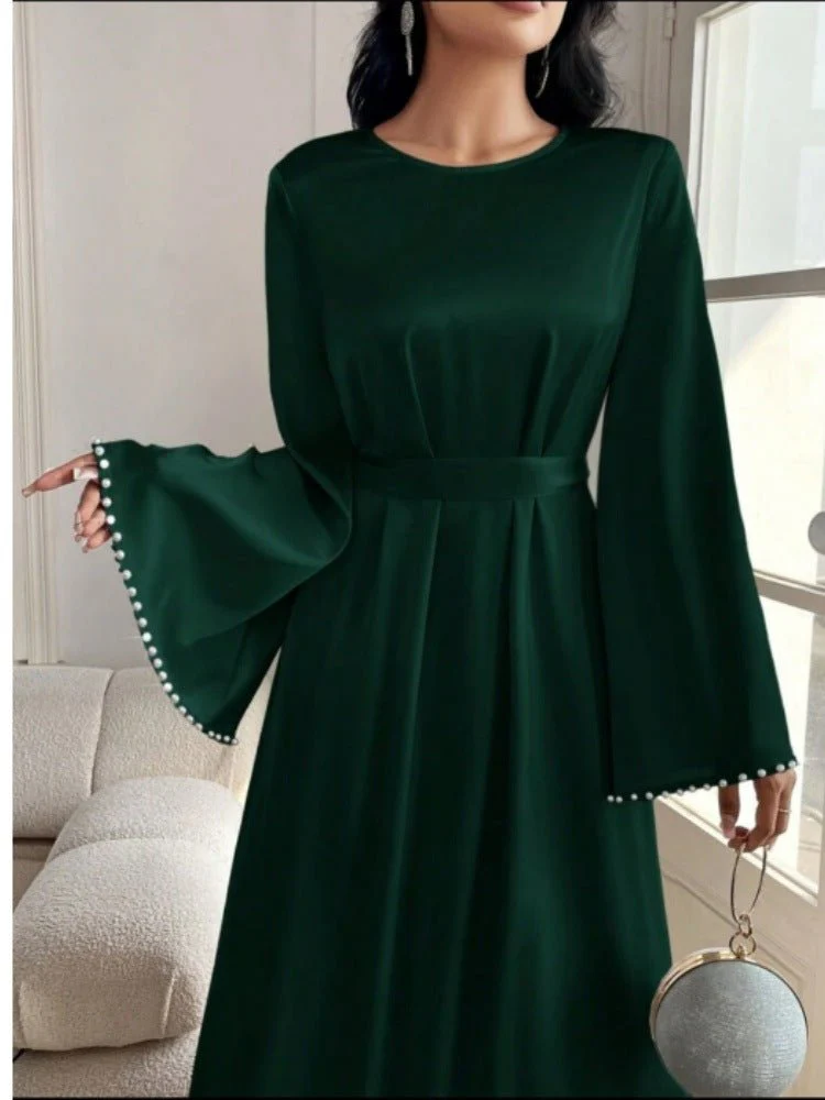 Elegant Beaded Pear Long Sleeve Maxi Dress Abaya with Flared Cuffs & Waist Tie (MA200) - Image 6