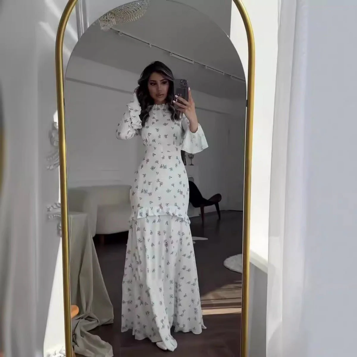 Elegant Bell Sleeve Romantic White Floral Ruffle Maxi Gown Abaya with Cascading Hem (MA226) - Image 3