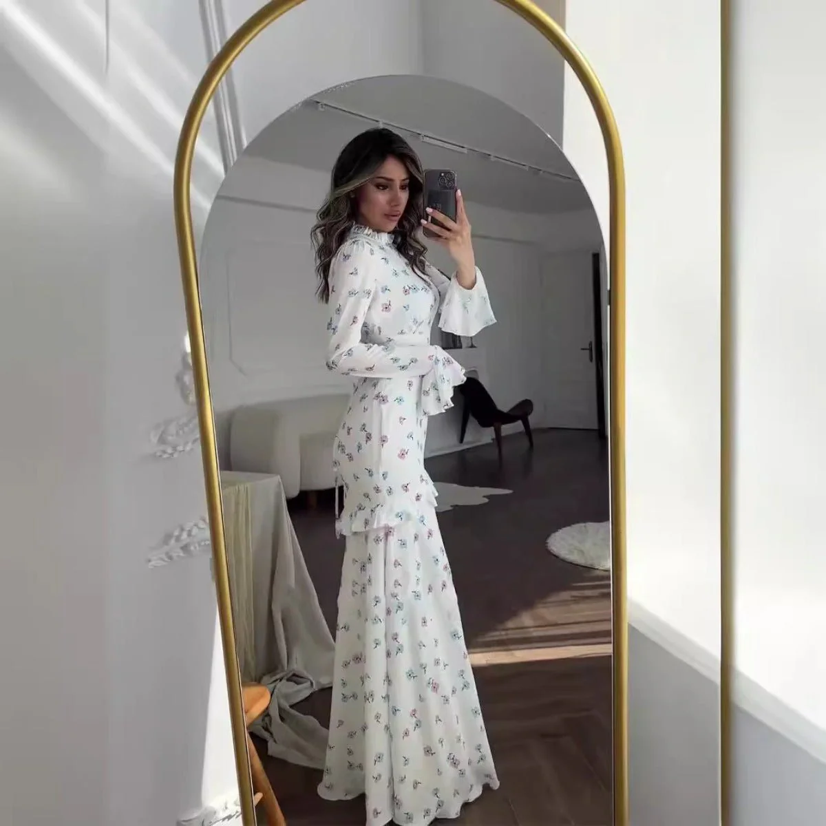 Elegant Bell Sleeve Romantic White Floral Ruffle Maxi Gown Abaya with Cascading Hem (MA226) - Image 4